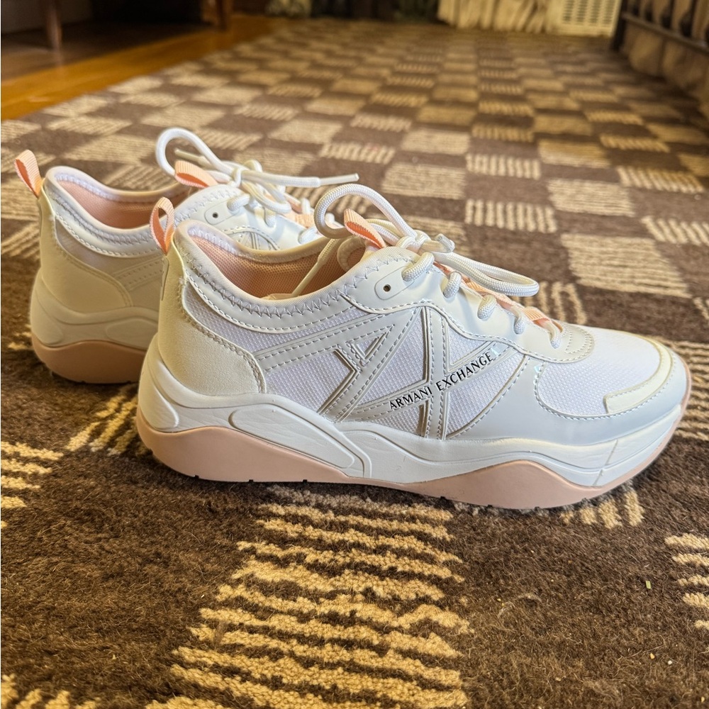 Armani Exchange White and Blush Platform Sneakers
